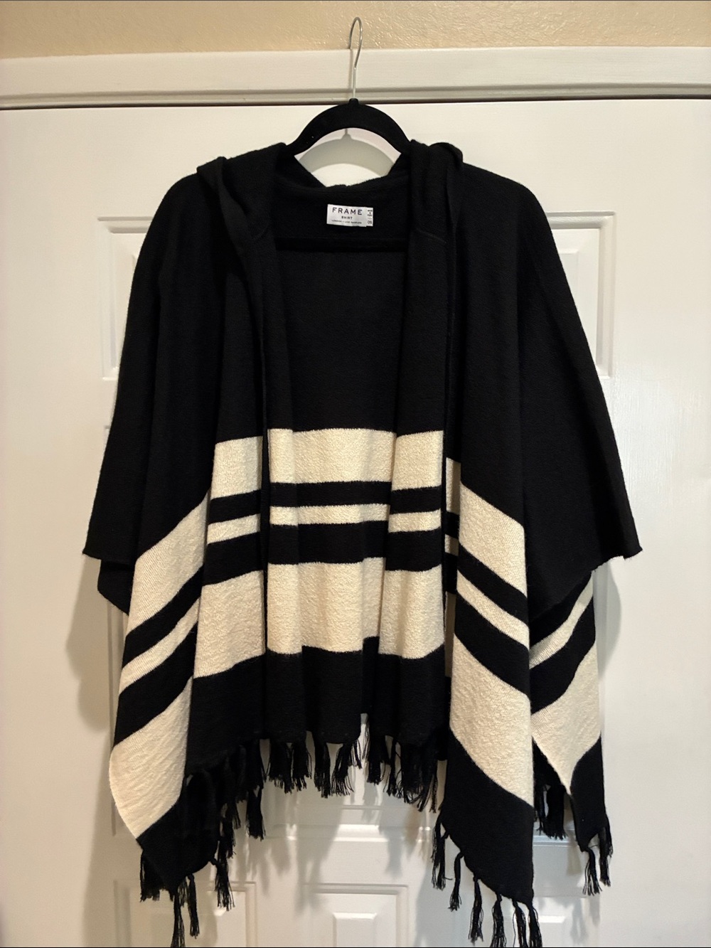 Frame alpaca black and cream hooded striped poncho with armholes